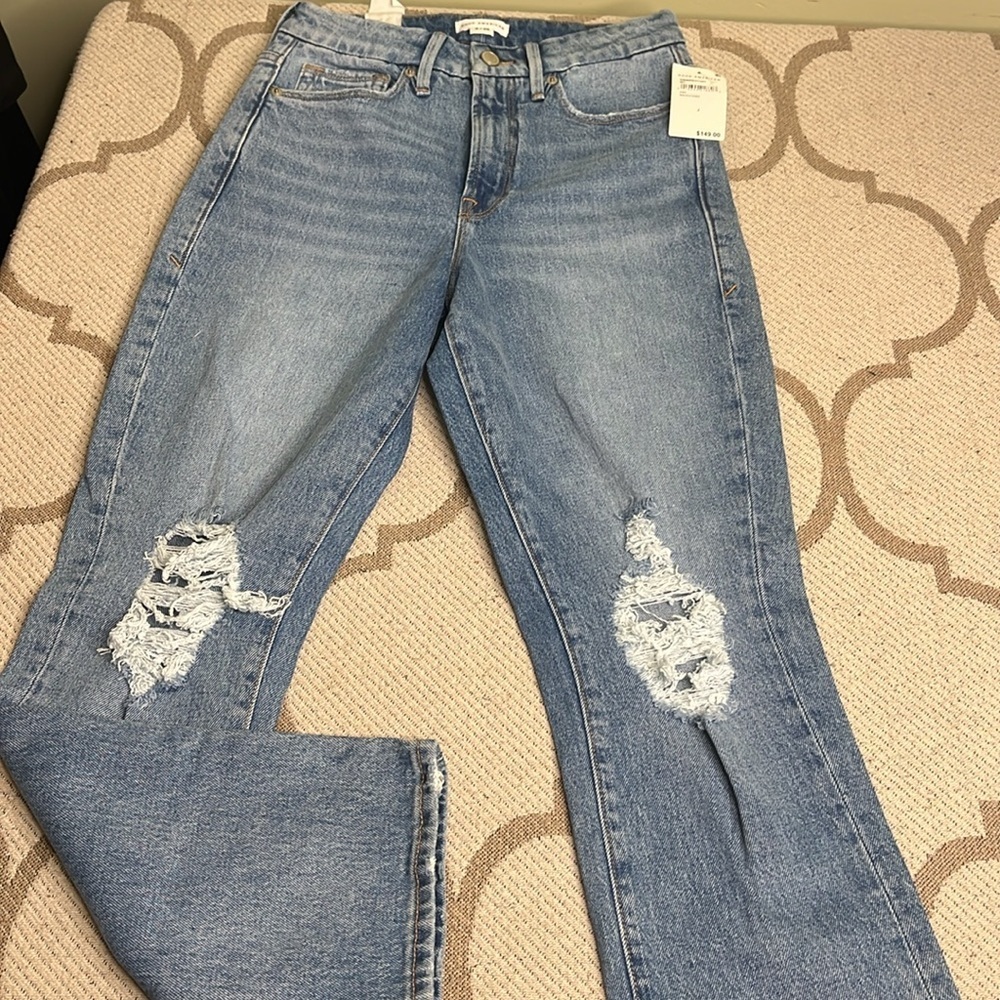 Good American Light Blue Straight Leg Jeans with Knee Rips